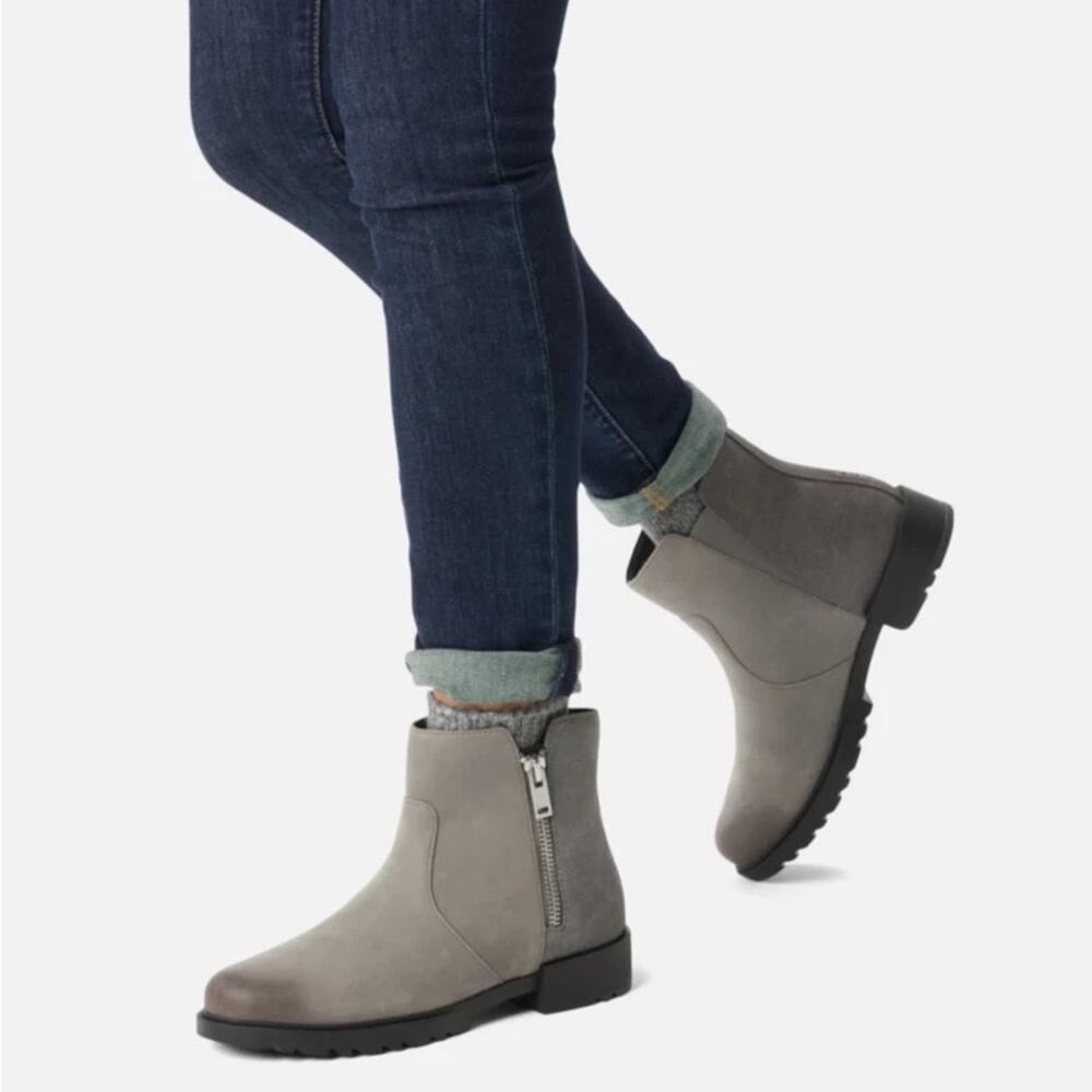 Sorel Emelie II Zip Bootie In Quarry Black Waterproof Full Grain Leather 7.5